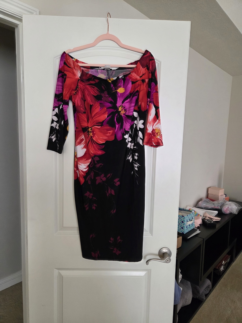 VENUS Black Off-Shoulder Midi Dress with Red & Pink Floral Print